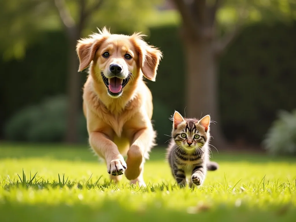 A happy dog and kitten playing together
