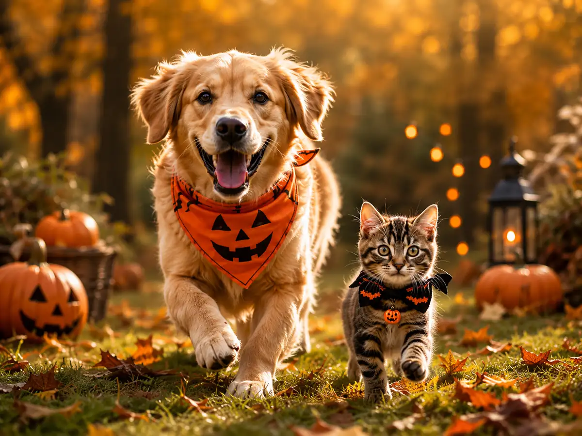 A golden retriever in a pumpkin bandana and a kitten in a Halloween collar walking through autumn leaves